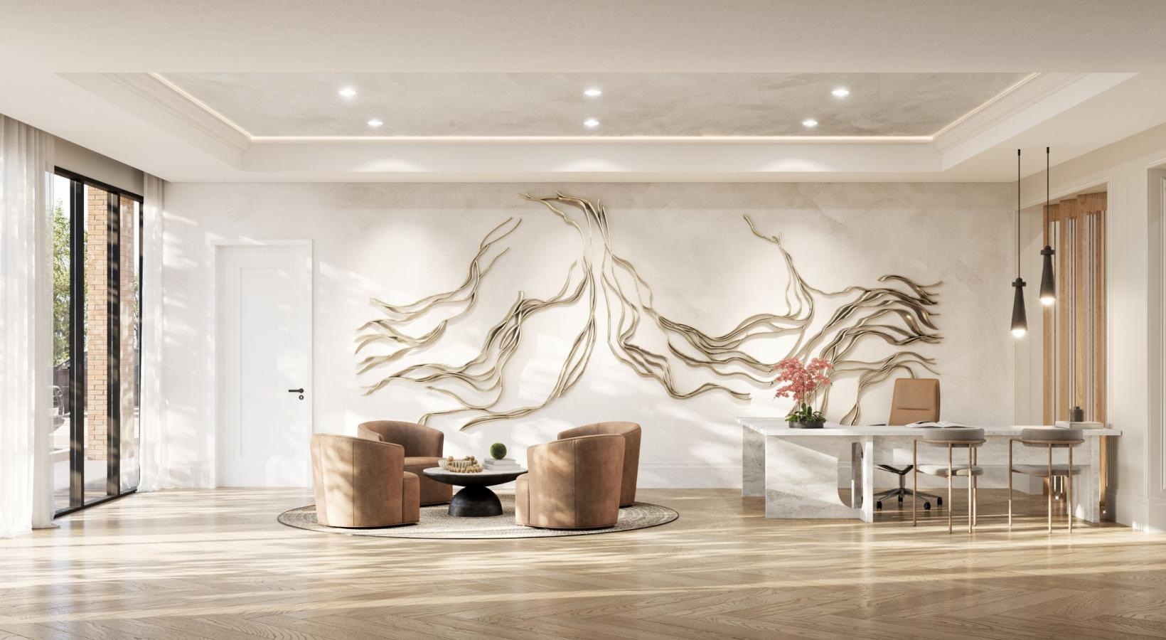 a room with a table chairs and a large tree with lights