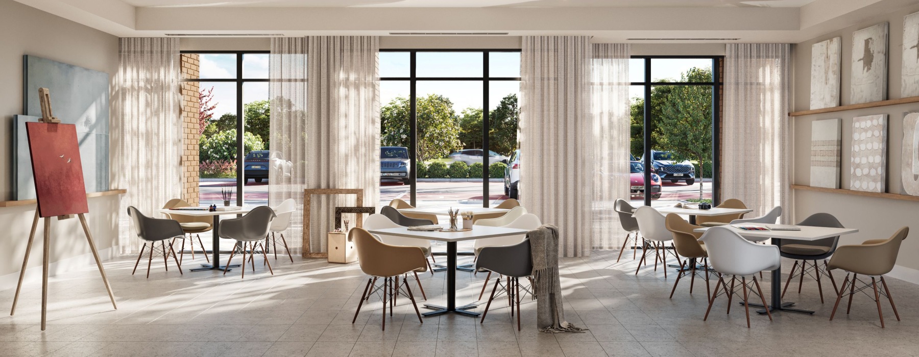 a room with tables and chairs