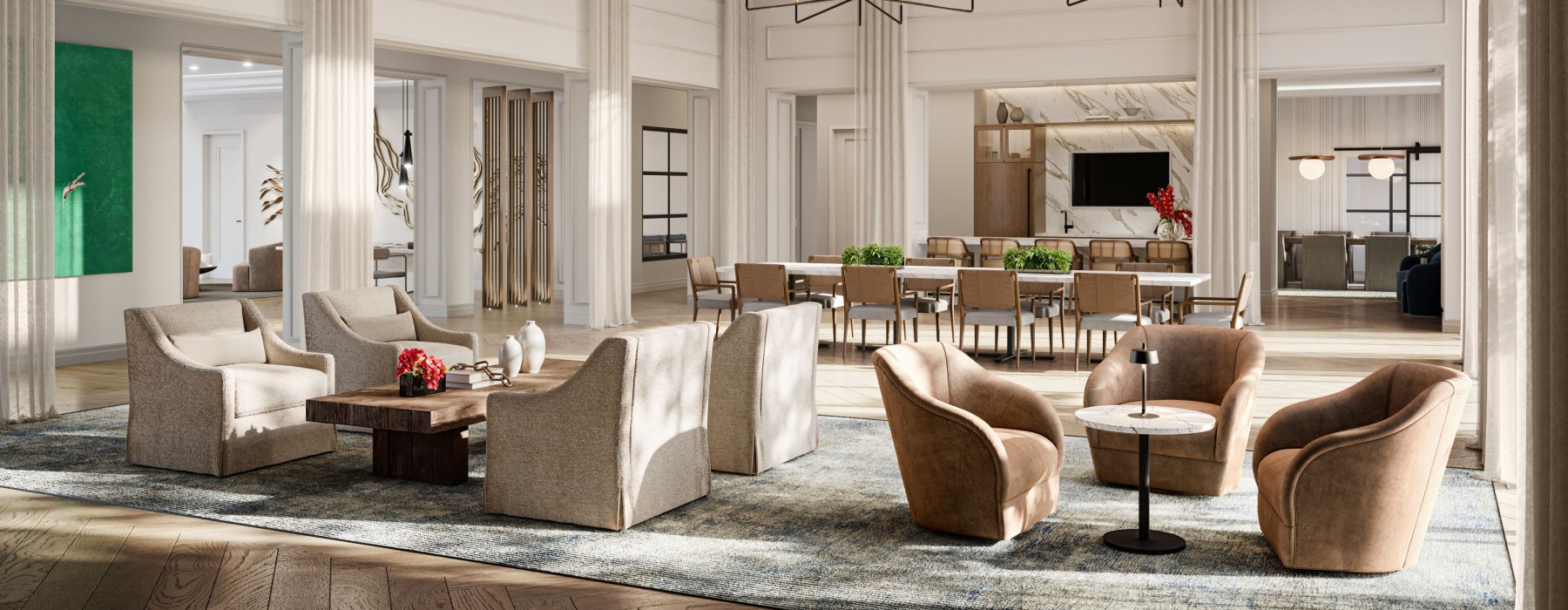 a clubroom with couches, tables and chairs