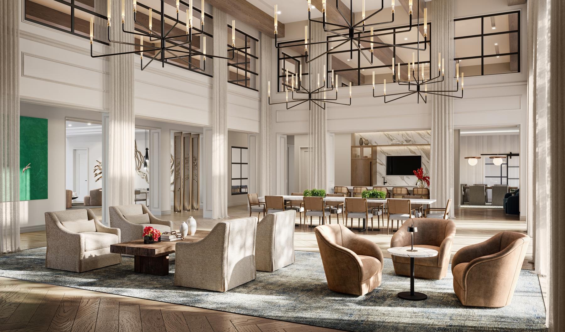 a lounge with tables, chairs and couches