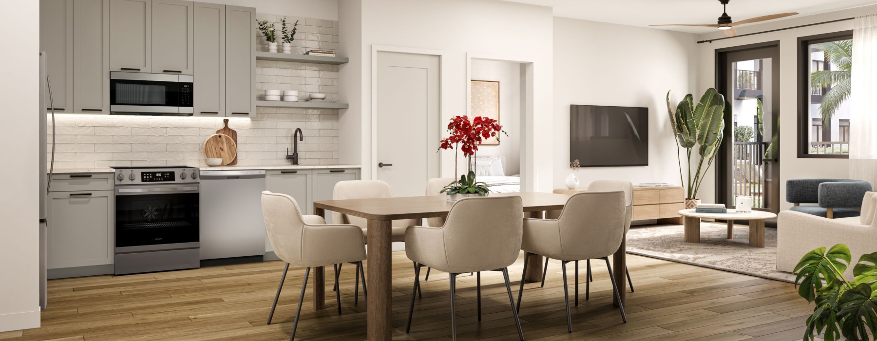 a kitchen with a dining table and chairs